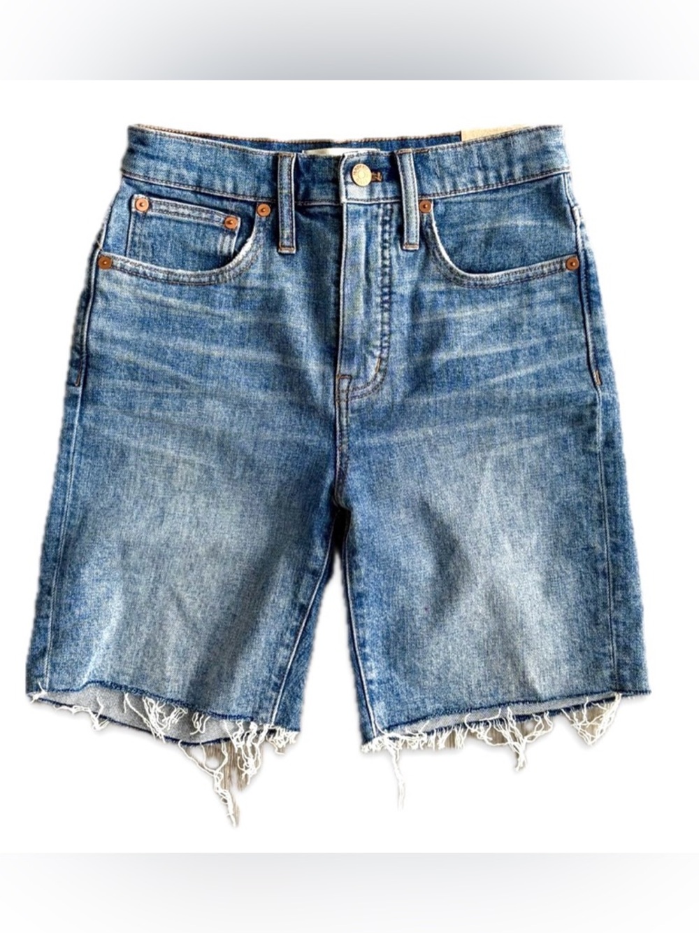NWT Madewell High Rise Mid Length Denim Shorts Medium Wash Raw Hem Women's W24